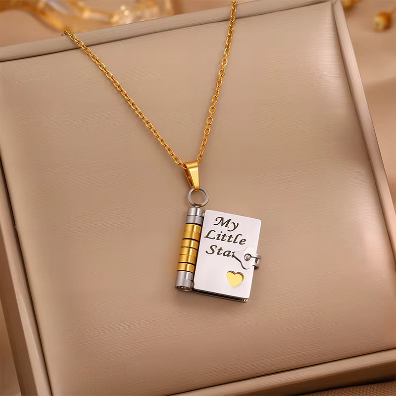 My Little Star Book Pendant Necklace for Daughter Openable Pages Engraved Letter Stainless Steel Necklace for Birthday Gift