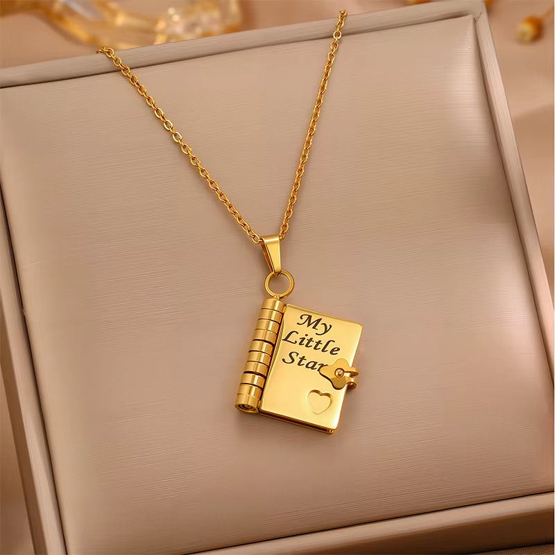 My Little Star Book Pendant Necklace for Daughter Openable Pages Engraved Letter Stainless Steel Necklace for Birthday Gift