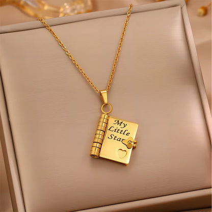 My Little Star Book Pendant Necklace for Daughter Openable Pages Engraved Letter Stainless Steel Necklace for Birthday Gift